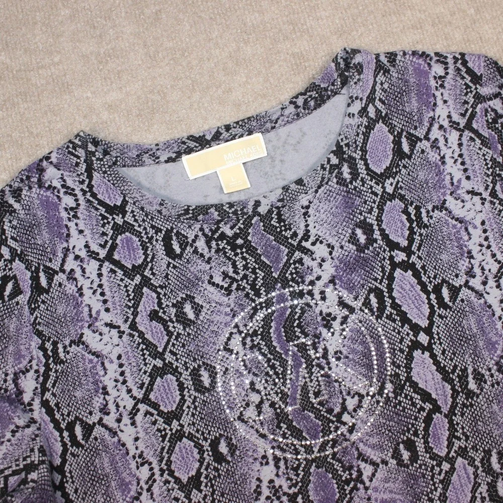 Michael Kors Purple Snakeskin Print Rhinestone MK Logo Long Sleeve Top Large
